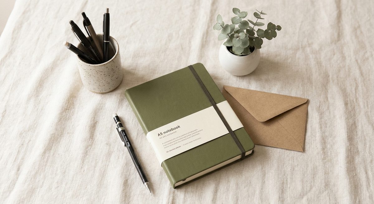 Escritorio con cuaderno A5, bolígrafos y planta